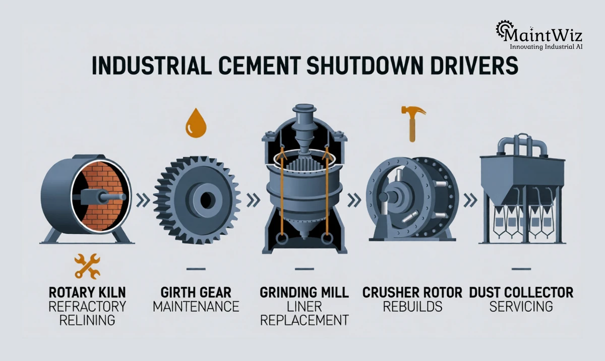 Cement plant shutdown work drivers: kiln refractory relining, girth gear, mill liners, crusher rotors and dust collectors