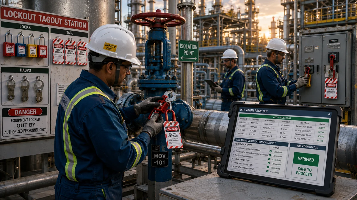 Technician fitting a red lock and danger tag to a valve beside a lockout tagout station, isolation register on a tablet