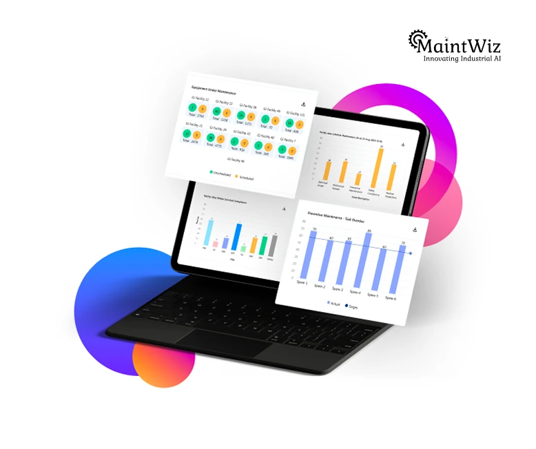 MaintWiz analytics dashboards on a laptop and tablet showing sample status and bar charts