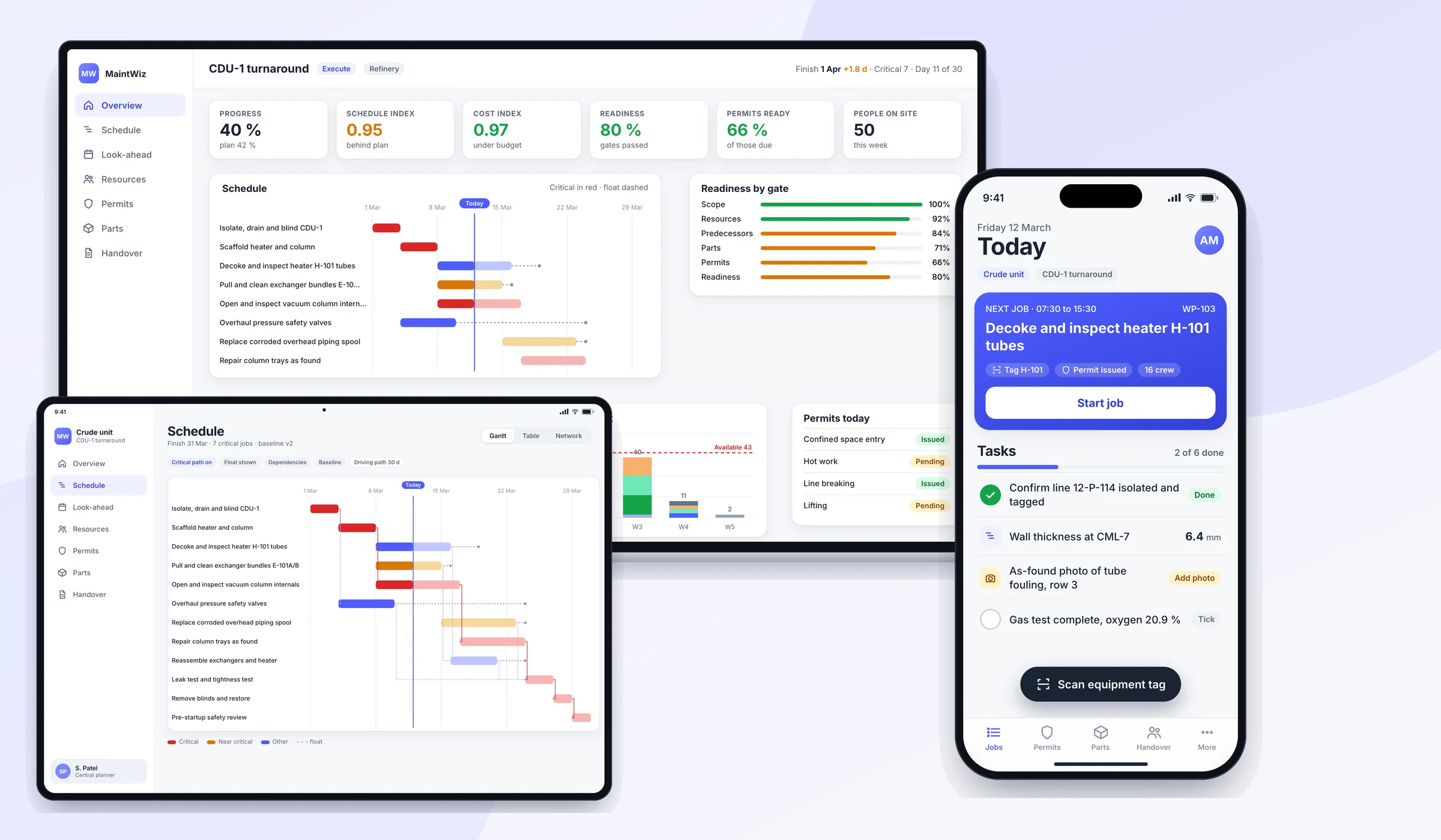 MaintWiz on laptop, tablet and phone: project overview, Gantt with critical path and a technician's job list
