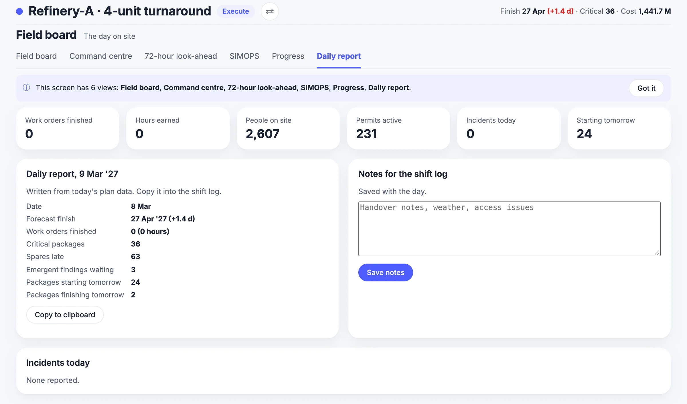 MaintWiz: daily report with shift log notes and incidents today