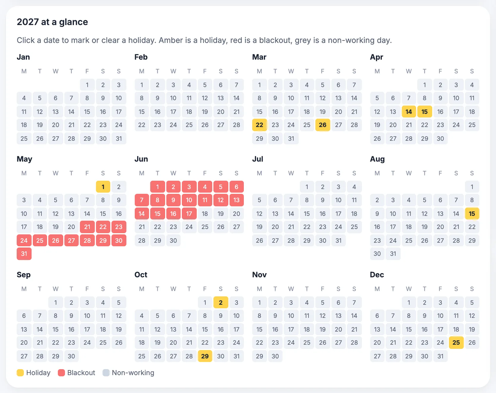 MaintWiz: year-at-a-glance calendar with blackout windows