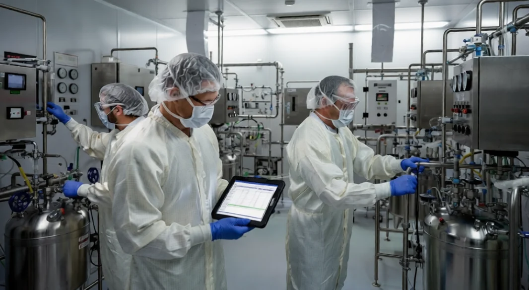 Two technicians in cleanroom gowns checking equipment with a tablet beside stainless steel process vessels