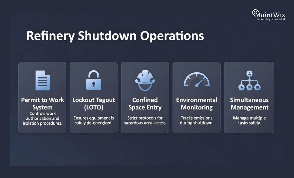 Refinery shutdown operations: permit to work, lockout tagout, confined space entry, emissions monitoring, simultaneous operat