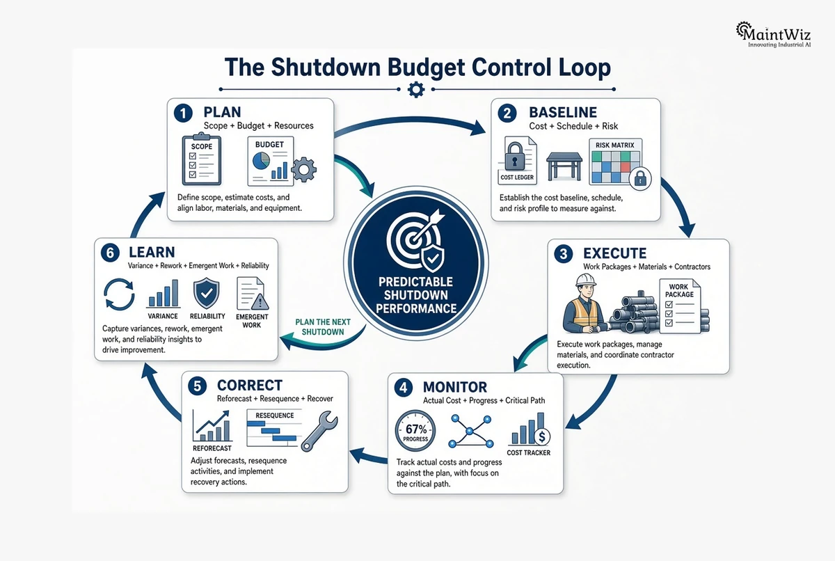 Six-step shutdown budget control loop: plan, baseline, execute, monitor, correct and learn, feeding the next shutdown