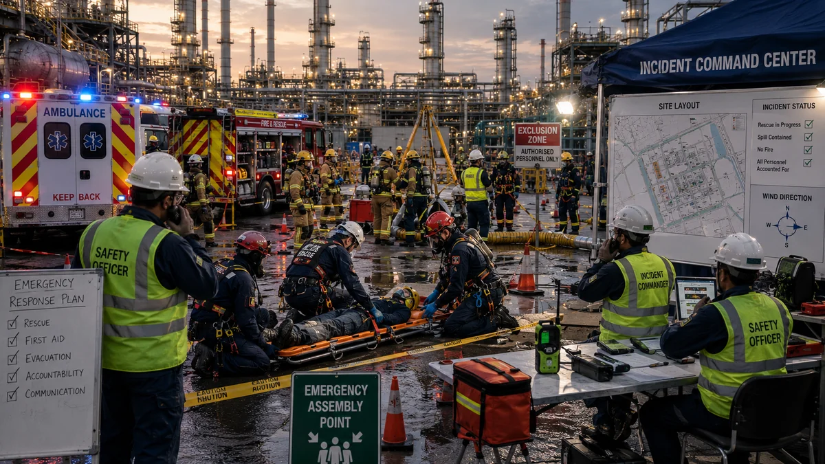 Emergency responders and safety officers at an incident command point during a rescue at an industrial plant