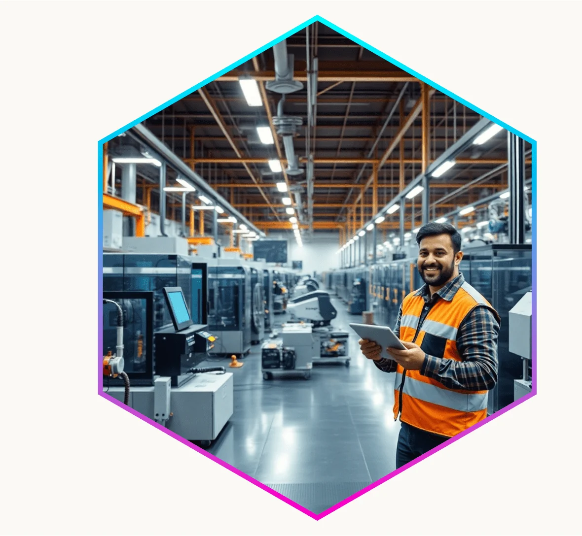Maintenance technician holding a tablet in a manufacturing hall, framed in a hexagon