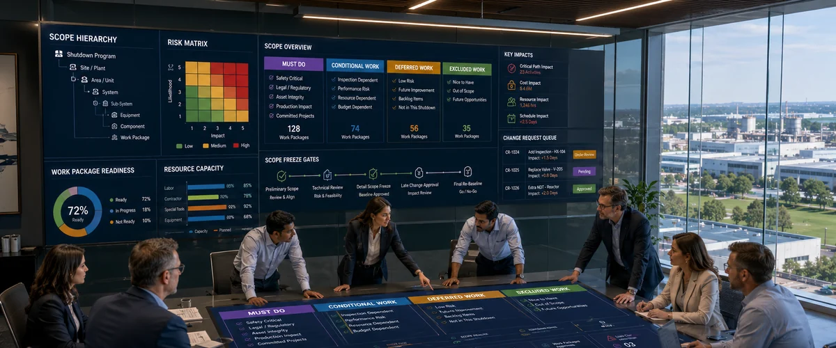 Planners around a conference table reviewing a shutdown scope hierarchy and risk matrix on a wall display