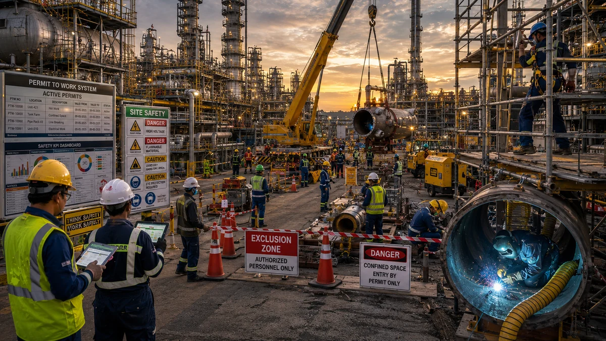 Workers with tablets at a shutdown site beside a permit-to-work board, an exclusion zone sign and a welder in a pipe