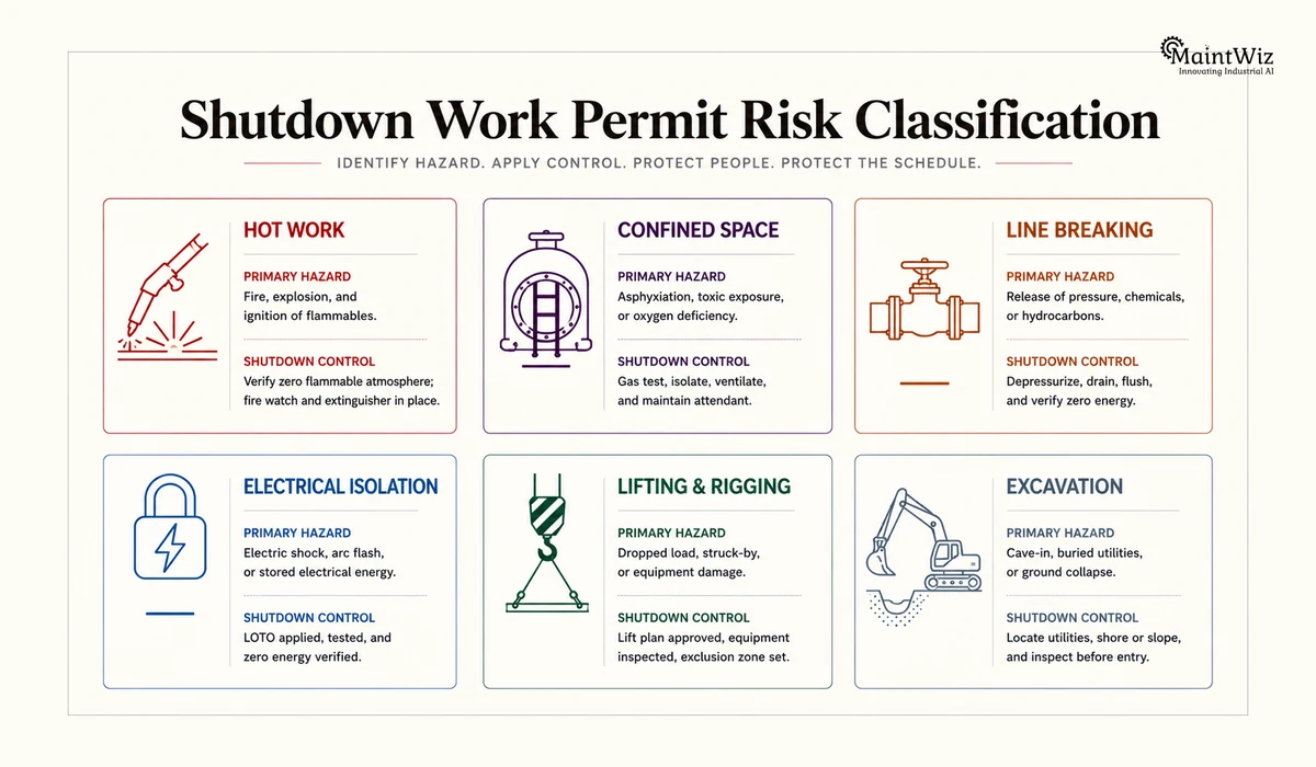 Six shutdown permit categories, hazards and controls: hot work, confined space, line breaking, electrical, lifting, digging