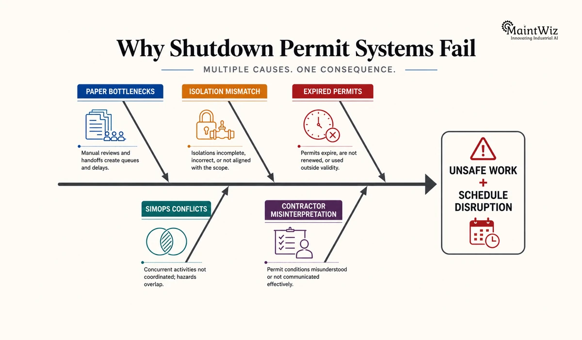 Fishbone diagram: paper bottlenecks, isolation mismatch, expired permits, SIMOPS conflicts and contractor errors