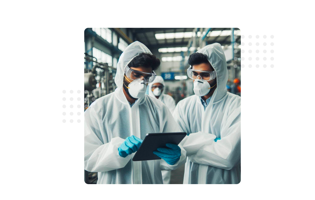 Workers in protective suits using a tablet, highlighting AI-powered MaintWiz CMMS for enhanced safety and process efficiency.