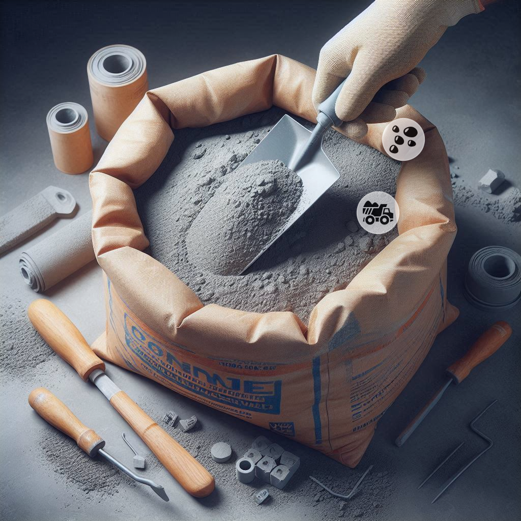A gloved hand scoops cement powder from a bag. Nearby tools and molds await use. MaintWiz CMMS optimizes cement production and construction processes through predictive maintenance, inventory management, safety, asset management, and data-driven insights.