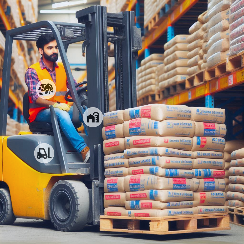 Operator in an orange vest uses a yellow forklift to lift construction material bags in an organized warehouse. MaintWiz CMMS uses AI to predict equipment failures, optimize inventory, improve safety, and enhance productivity in the cement industry.