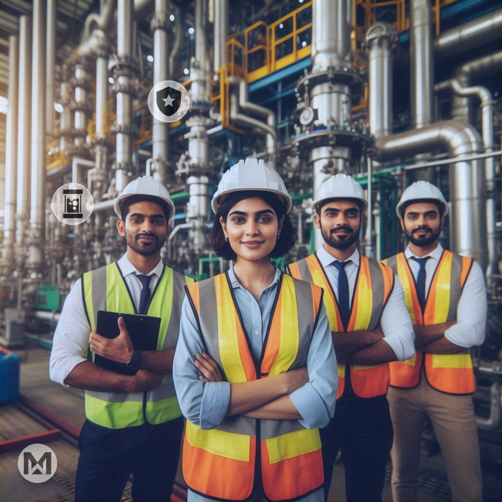 Engineers review process data, showcasing AI-powered MaintWiz CMMS benefits: streamlined operations, improved safety protocols, and faster problem resolution.