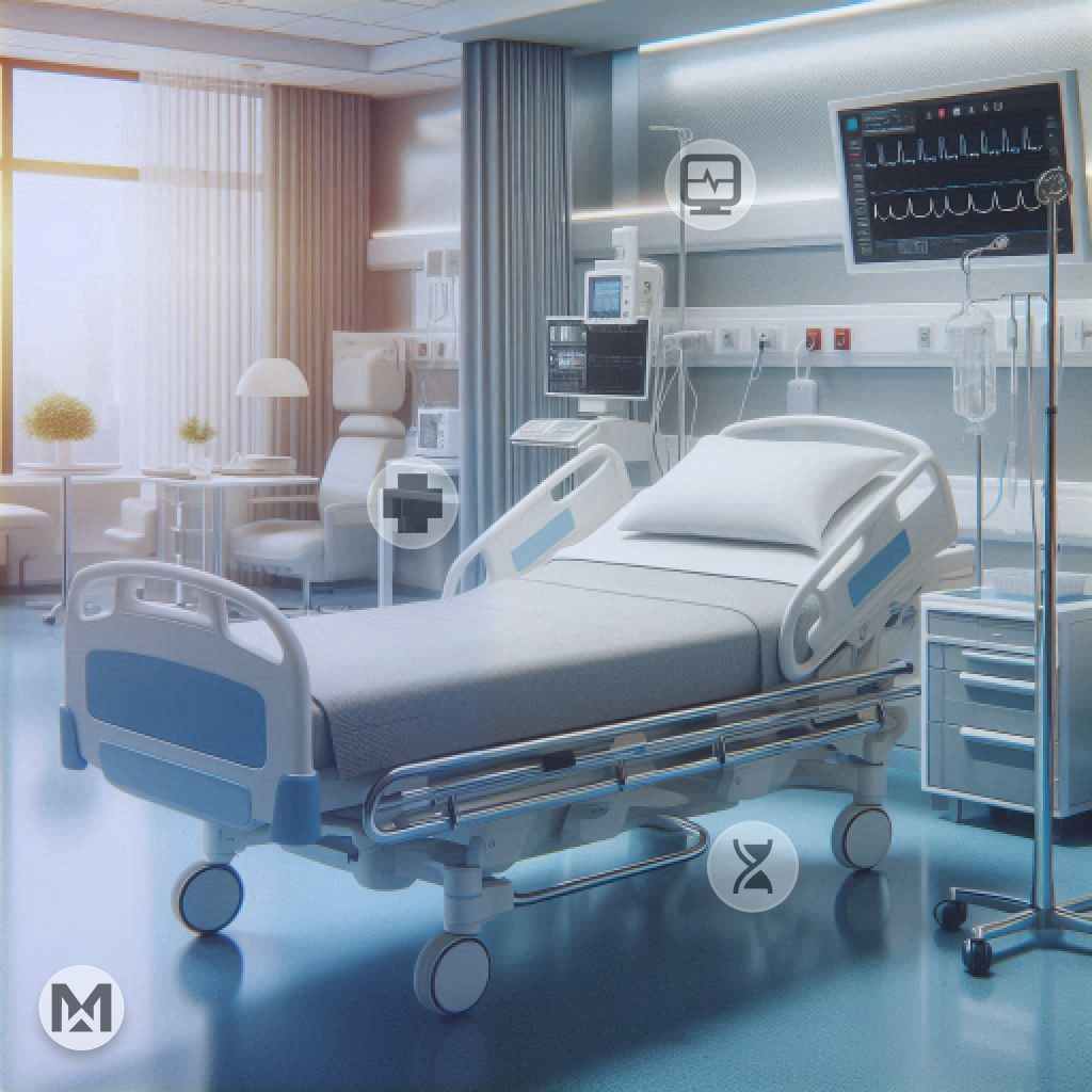 State-of-the-art hospital ward with sophisticated medical devices, highlighting AI-powered MaintWiz CMMS benefits: advanced predictive analytics, seamless integration with IoT medical equipment, automated compliance reporting, and real-time monitoring for enhanced patient safety and optimized operational efficiency.