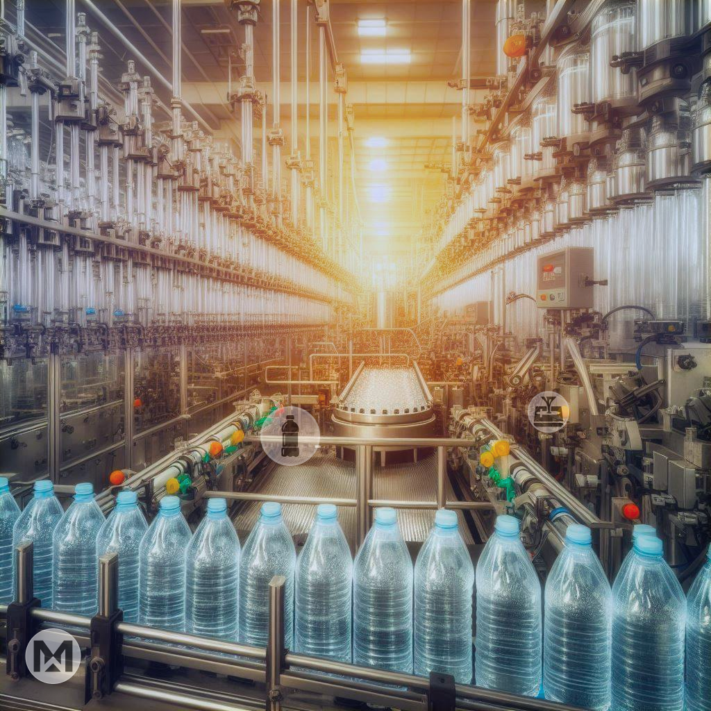 Automated plastic bottle production line with robotic arms in action, showcasing AI-powered MaintWiz CMMS benefits: improved equipment reliability, predictive maintenance, and enhanced production efficiency.