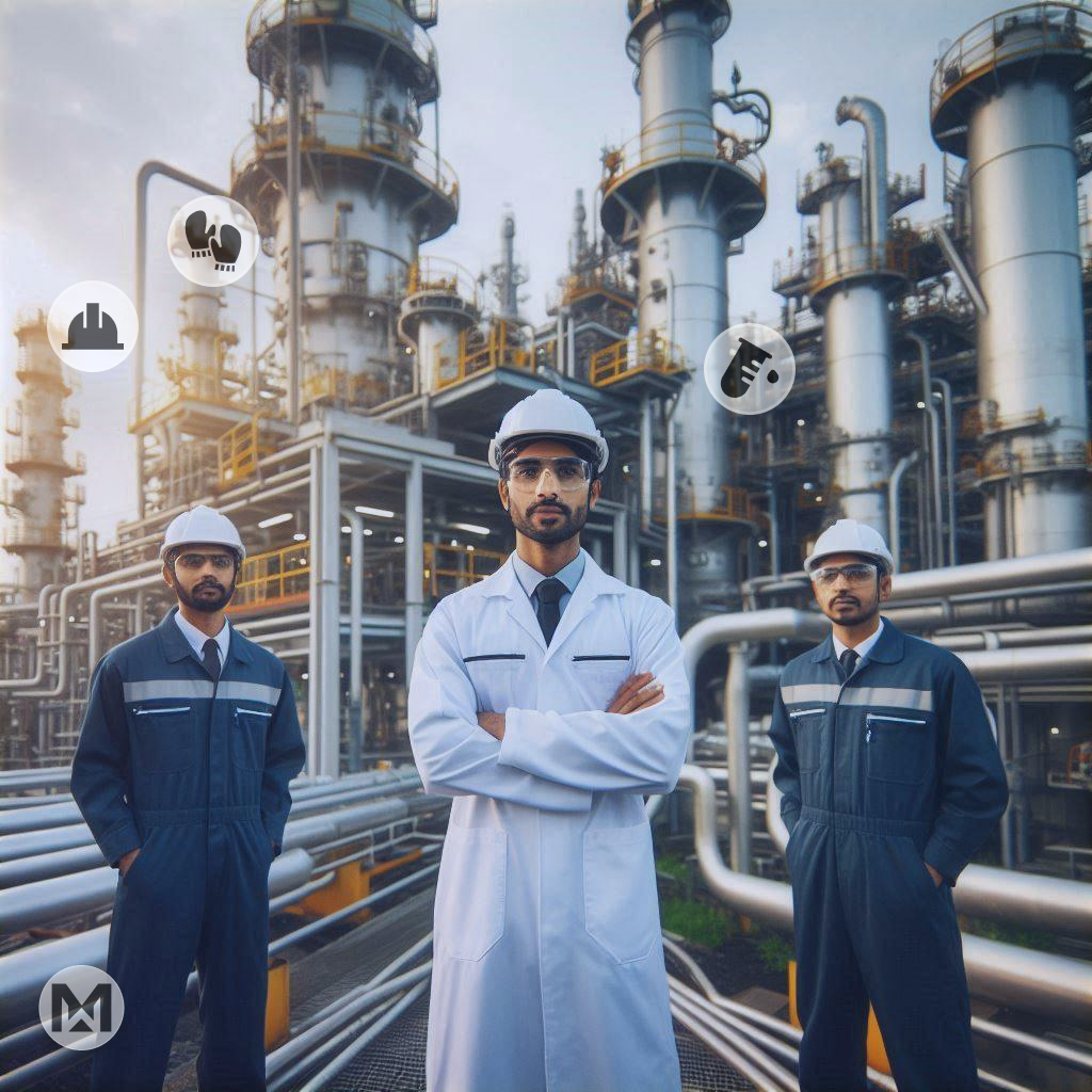 Technicians monitor equipment in a chemical plant, showcasing AI-powered MaintWiz CMMS for predictive maintenance, cost savings, and regulatory compliance.