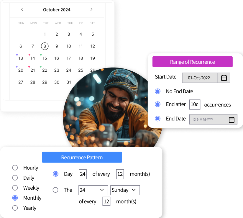 Infographic highlighting the advantages of MaintWiz CMMS for work order management, including efficiency, asset lifespan, cost savings, resource utilization, compliance, real-time monitoring, and data-driven decisions