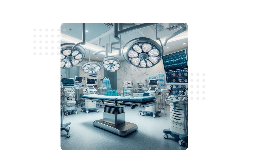 Modern healthcare operating room with advanced medical equipment, illustrating benefits of AI-powered MaintWiz CMMS: enhanced equipment reliability, predictive maintenance, and improved operational efficiency, ensuring optimal patient care and safety.