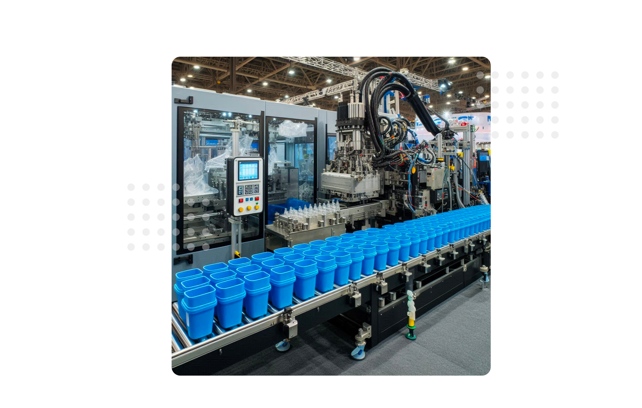 Advanced manufacturing setup in the plastics industry, highlighting benefits of AI-powered MaintWiz CMMS: predictive maintenance, reduced downtime, and optimized production efficiency.