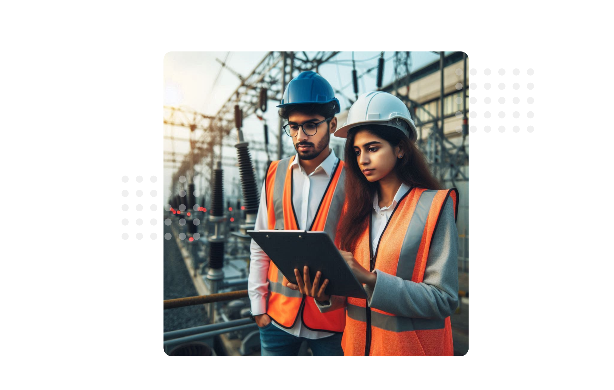 Two individuals in safety gear conduct an inspection at a power substation,
