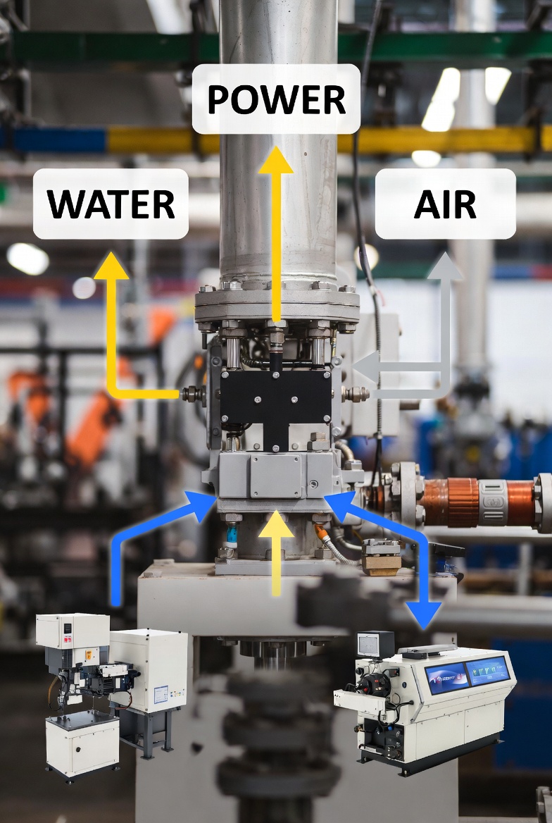 Visual diagram showing a central utility asset supplying power and services to multiple production lines