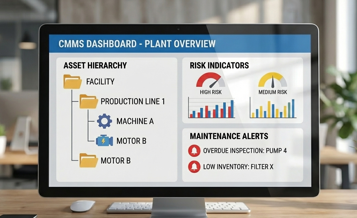 CMMS software dashboard displaying asset criticality, maintenance history, and hidden risk indicators